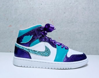 Custom Hand-Painted Air Jordan 1 Mid Sneakers | Two-Tone with Crystals | Personalized Jordan Mids
