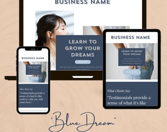 May include: A digital mockup of a website template, displayed on a laptop, tablet, and smartphone. The design features a blue and white color scheme with the text "Learn to Grow Your Dreams" and "Business Name". The template is labeled "Blue Dream" and "WIX Landing Page Template".