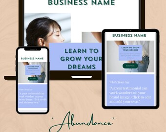 May include: A digital mockup of a website landing page displayed on a laptop, tablet, and smartphone. The design features the text "BUSINESS NAME" and "LEARN TO GROW YOUR DREAMS". The phrase "What Clients Say" is also visible.