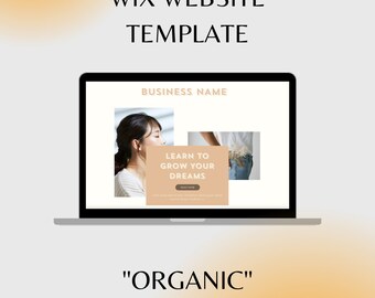 May include: A laptop displaying a Wix website template with the text "WIX WEBSITE TEMPLATE" at the top. The website design includes images and the text "LEARN TO GROW YOUR DREAMS" and "ORGANIC".