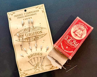 1920's Box of French Sewing Pins and Card of Veil Pins