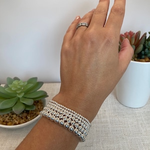 Sterling Silver Beaded Bracelet, Sterling Silver, Bracelet Stack, Elastic Silver Bracelet, Elastic Bracelet, Tarnish Free, Water-Resistant,