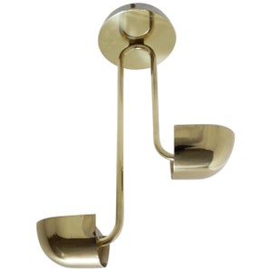 May include: A brass ceiling light fixture with two curved shades. The fixture has a circular canopy and a long, curved arm that connects to the shades.