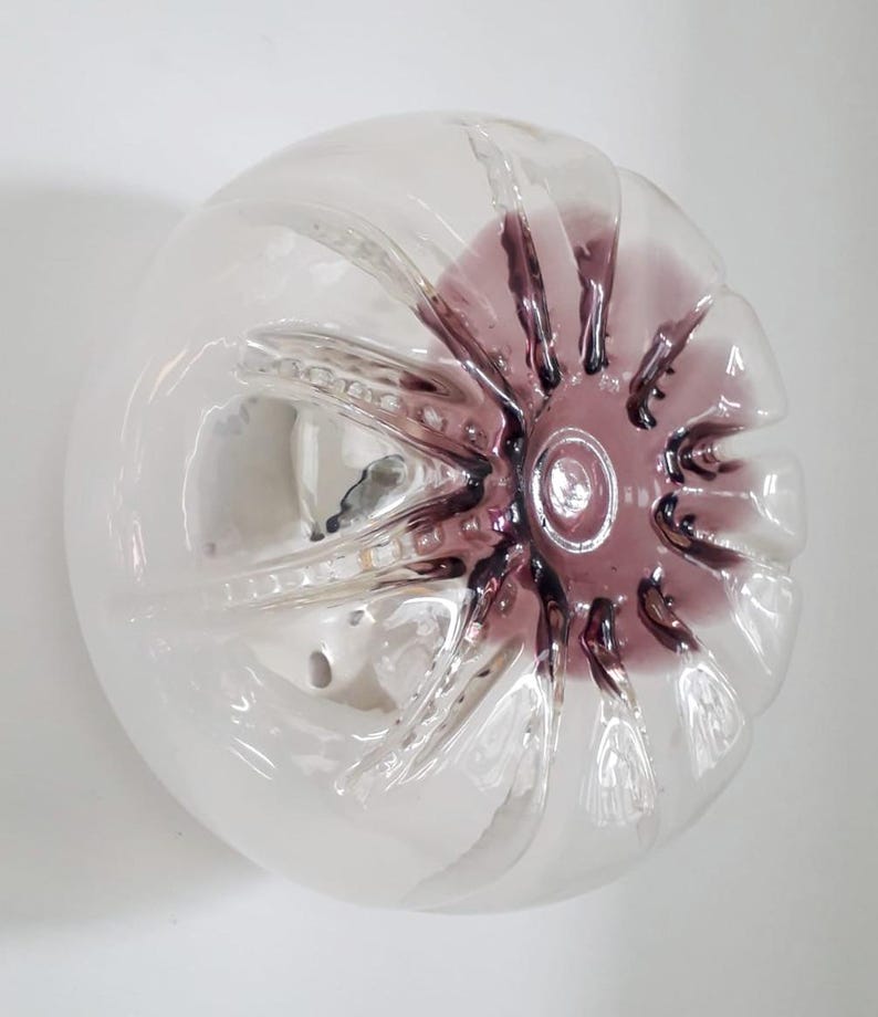 Pu&ograve; includere: Una ciotola di vetro trasparente con una superficie testurizzata e un fondo colorato di viola. La ciotola ha una forma rotonda e un'ampia apertura.
