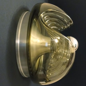 Puede incluir: Una l&aacute;mpara de pared de vidrio marr&oacute;n con una base de metal plateado. El vidrio tiene una forma ondulada, org&aacute;nica y una superficie texturizada.