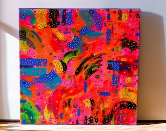 Abstract acrylic painting on canvas. Bright neon colours