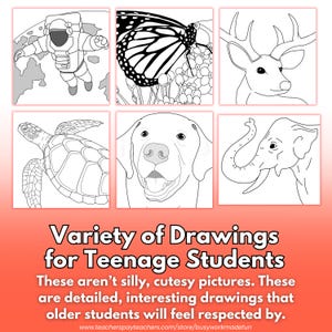 May include: A collection of six black and white drawings featuring an astronaut, butterfly, deer, turtle, dog, and elephant. The text reads "Variety of Drawings for Teenage Students."