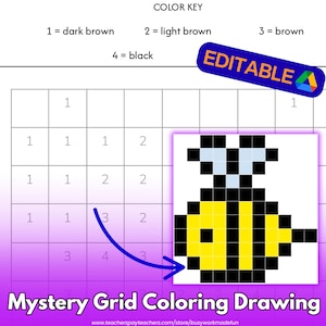 Può includere: Una pagina da colorare a griglia con una chiave di colore e un'illustrazione di un'ape pixelata. La chiave di colore indica marrone scuro, marrone chiaro, marrone e nero. Il testo "Mystery Grid Coloring Drawing" è in basso.