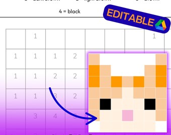 Cat Color-by-Number Pixel Art Worksheet: Elementary Activity (Printable & Editable Google Docs)