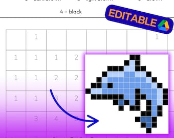 Dolphin Color-by-Number Worksheet: Printable Table Grid Pixel Art (Editable Google Docs Version)