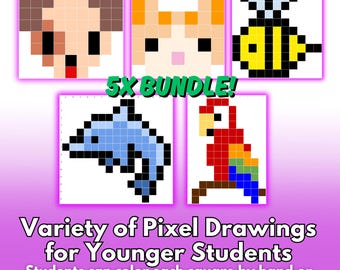 5x Elementary Worksheet Bundle: Color-by-Number Middle School Math and Art Busy Work Graphing Practice Ready to Print or Editable Pixel Art