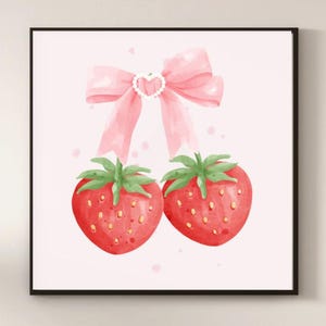 Coquette Dual Strawberry Art Print, Cute Pink Print, Home Decor