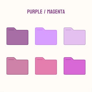 Könnte beinhalten: Sechs Ordnersymbole in verschiedenen Schattierungen von Lila und Magenta. Die Symbole sind in zwei Reihen mit jeweils drei angeordnet.