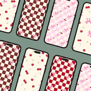 May include: Nine different phone screen designs featuring a checkered pattern with pink bows and red cherries. The checkered patterns are in brown and white, pink and white, and red and white.