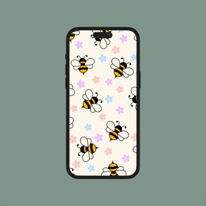 Floral Bumble Bee Wallpaper for Phone, Cute Backgrounds, Instant Digital Download