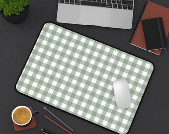 Green Checked Gingham Plaid Desk Mat, Cute Green Mouse, Green Aesthetic, Desk Accessories