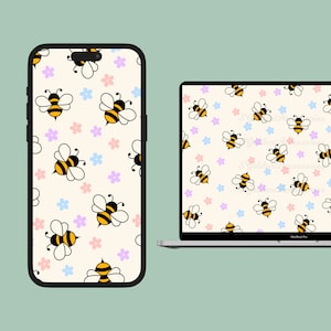 Floral Bumble Bee Background - Nature Tech Decor for iPad, Laptop, Phone, Printable Digital Download