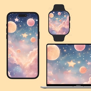 Zachte hemelachtergrond voor telefoons, blauwe en roze desktop en Apple Watch, achtergrond voor iPad-desktoptelefoon, digitale download