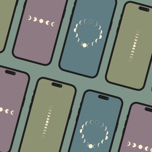 以下が含まれることがあります： 異なる月の満ち欠けのデザインが施された携帯電話のモックアップのコレクション。デザインには満月、三日月、月の満ち欠けの円が含まれています。