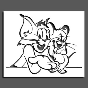 Puede incluir: Ilustración de dibujos animados en blanco y negro de Tom y Jerry. Tom es un gato con una gran sonrisa y Jerry es un ratón con una expresión traviesa en su rostro.