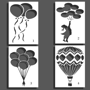 ragazza che vola palloncini, palloncini, palloncini colorati, decorazioni da parete con mongolfiere, decorazioni da parete per cucina, stencil da parete, stencil, stencil per pareti