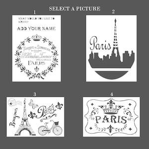 Puede incluir: Cuatro diseños de plantillas diferentes con temática parisina. El primer diseño presenta una corona con las palabras "Habrique de Serrurerie" y "Llomdeur Tournier" en una fuente de escritura. El segundo diseño presenta una silueta de la Torre Eiffel y la palabra "Paris" en una fuente de escritura. El tercer diseño presenta una silueta de la Torre Eiffel, una bicicleta, una mariposa y la palabra "Paris" en una fuente de escritura. El cuarto diseño presenta una corona, la palabra "Paris" en una fuente de escritura y un diseño floral.