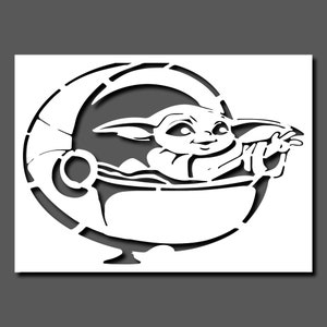 Puede incluir: Plantilla en blanco y negro de un personaje popular de la franquicia Star Wars, The Mandalorian, conocido como "Baby Yoda", sentado en una cápsula flotante.