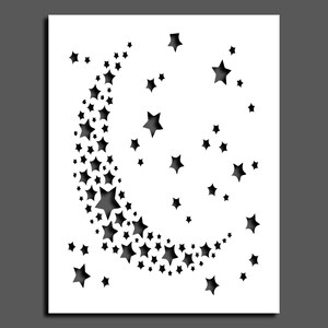 Puede incluir: Una imagen en blanco y negro de una luna creciente con estrellas. La luna está formada por muchas estrellas pequeñas.