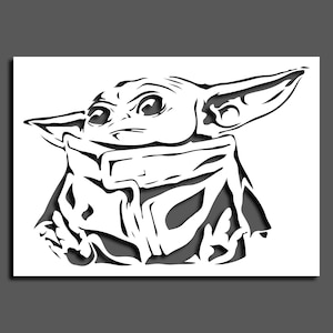 Puede incluir: Ilustración en blanco y negro de un personaje de la franquicia Star Wars, conocido como "El Niño" o "Baby Yoda". El personaje se representa con orejas grandes, ojos grandes y una boca pequeña. El personaje lleva una túnica marrón.