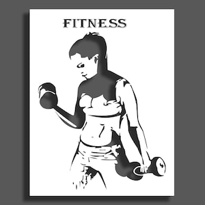 Puede incluir: Ilustración en blanco y negro de una persona levantando pesas. La persona lleva un sujetador deportivo y pantalones cortos. El texto "FITNESS" está en la parte superior de la imagen.