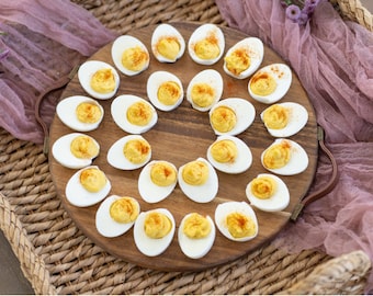 Deviled Egg Platter Acacia Wood Tray w/ 24 Slots Farmhouse Style Deviled Egg Tray w/Leather Handles  Charcuterie Board Wood Serving Platters