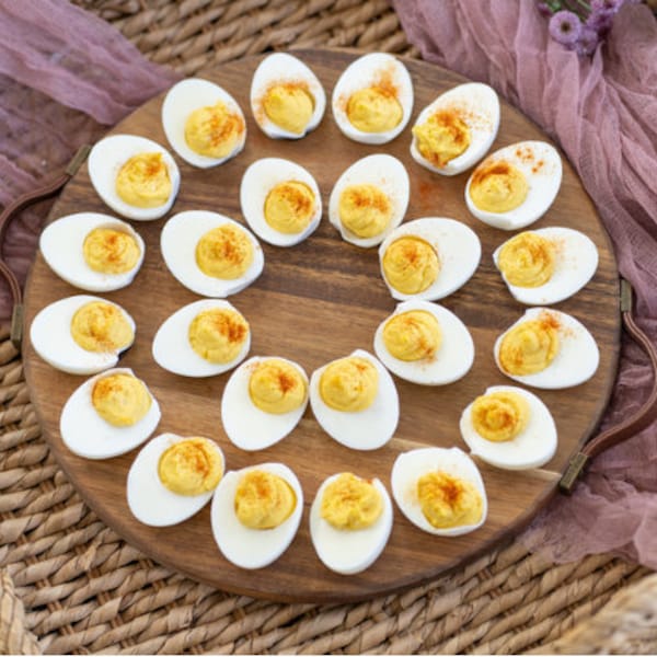 Deviled Egg Platter Acacia Wood Tray w/ 24 Slots Farmhouse Style Deviled Egg Tray w/Leather Handles  Charcuterie Board Wood Serving Platters