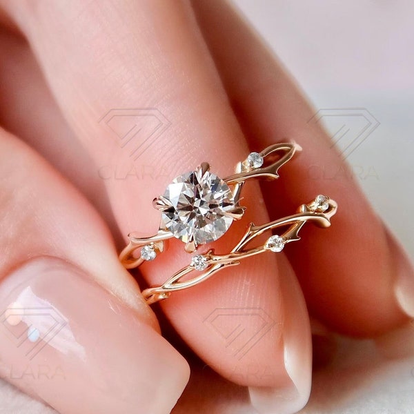 Dainty Twig Engagement Ring Set, Round Cut Moissanite Twig Ring, Solid Gold Ring Set