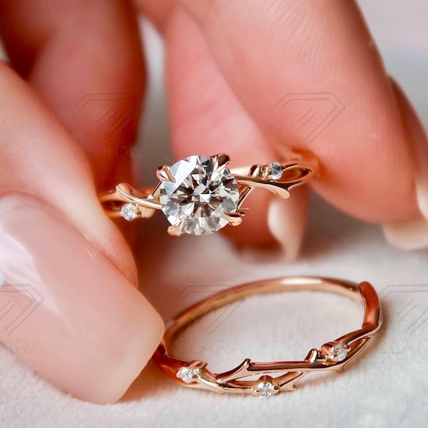 1.20 CT Dainty Twig Engagement Ring Set, Moissanite 925 Silver Wedding Ring Set, Leaf Branch Bridal Nature inspired Twig Ring Set For Women.