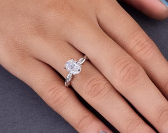 Oval Cut Moissanite Engagement Ring, Twisted Band, Pave Accents, Sterling Silver Bridal Ring