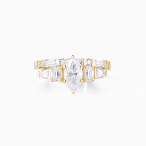 Art Deco Marquise Moissanit Verlobungsring Set: 14k Gelbgold Baguette Ehering