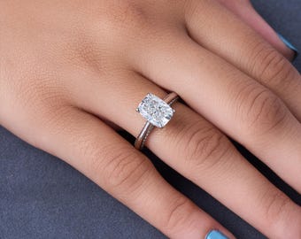 Lab Diamond Engagement Ring Women White Gold Cushion Cut Solitaire Ring Split Shank Prong Setting Bridal Jewelry Wedding Band Proposal Gift