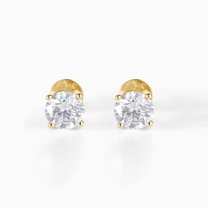 Pendientes de moissanita con cierre de rosca seguro / Pendientes solitarios de oro macizo de 14 k / Pendientes clásicos de 4 puntas / Regalo de boda / Regalo de cumpleaños para esposa
