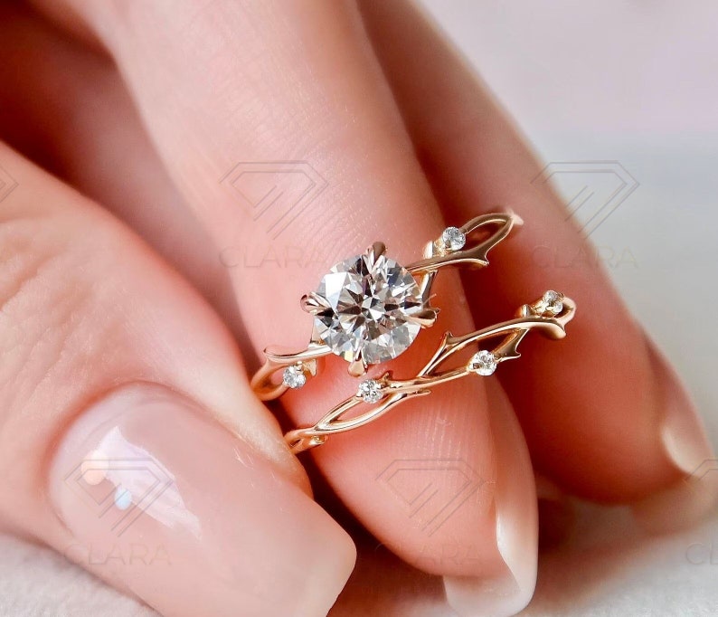 Dainty Twig Engagement Ring Set, Round Cut Moissanite Twig Ring, Solid Gold Ring Set image 1