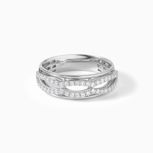 Wavy Moissanite Wedding Band: 14k White Gold Criss Cross Ring