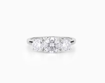 Three Stone Round Moissanite Engagement Ring, Classic Trilogy Bridal Jewelry