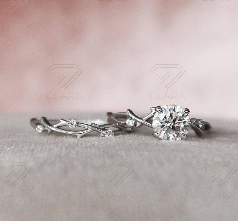 Twig Ring Set, Dainty Moissanite, Engagement Rings, Bridal Jewelry, Nature Inspired, Leaf Silver Ring, Wedding Ring Set, 925 Sterling, Women Rings, Botanical Bands, Unique Rings, Silver Branch Ring, Elegance Ring, Forest Theme,