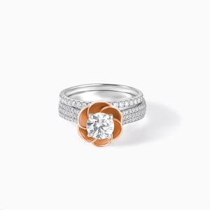 Flower Engagement Ring Set | Rose Gold Rose Ring | Two-Tone Diamond Bridal Set | Nature Inspired Wedding Ring | Unique Floral Lab Diamond