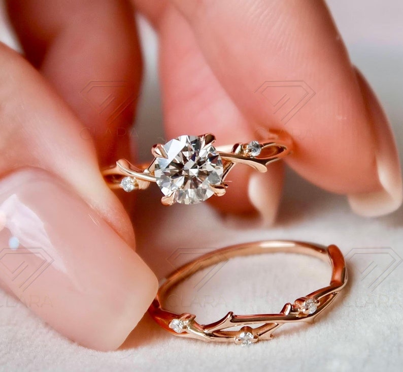 Twig Ring Set, Dainty Moissanite, Engagement Rings, Bridal Jewelry, Nature Inspired, Leaf Silver Ring, Wedding Ring Set, 925 Sterling, Women Rings, Botanical Bands, Unique Rings, Silver Branch Ring, Elegance Ring, Forest Theme,