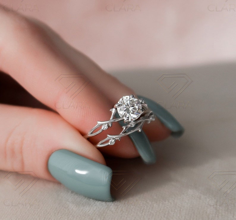 Twig Ring Set, Dainty Moissanite, Engagement Rings, Bridal Jewelry, Nature Inspired, Leaf Silver Ring, Wedding Ring Set, 925 Sterling, Women Rings, Botanical Bands, Unique Rings, Silver Branch Ring, Elegance Ring, Forest Theme,