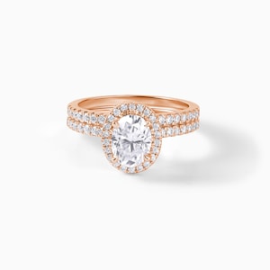 Oval Moissanite Engagement Ring Set: 14K Rose Gold Art Deco Halo Bridal Set
