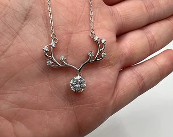 Moissanite Deer-Reindeer Necklace 1.4ct tw 925 Sterling Silver, Deer Shape Pendant with Round Diamond, Pendant Necklace For Wife Gift.