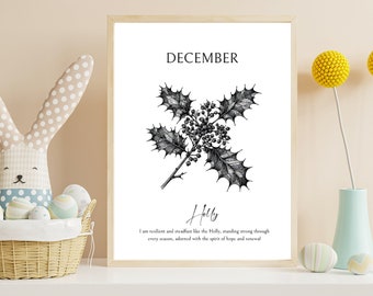 December Holly Birth Flower Wall Art Affirmation,Wood Frame Poster Print, Gift for Birthday, Grandmother Garden Personalised Nursery