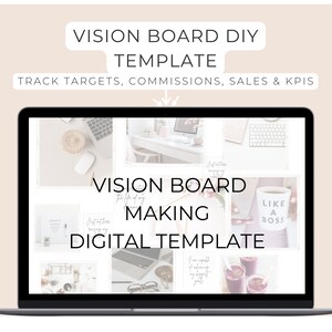 Può includere: Uno schermo di laptop che mostra un modello di vision board con il testo "Vision Board Making Digital Template". Il modello è un collage di immagini, tra cui una tazza di caffè con il testo "Like a Boss", un laptop e una pianta.