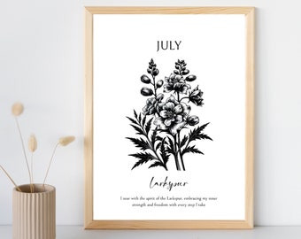 Fleur de naissance de pied-d'alouette de juillet, affirmation d'art mural, impression numérique, cadeau pour un anniversaire, pépinière personnalisée de jardin de grand-mère, décoration d'intérieur